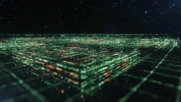 Close-up of a futuristic network visualization with glowing green and orange nodes and connections on a dark background with a shallow depth of field. video