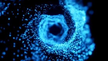 dynamisk abstrakt animering av en virvlande virvel av lysande blå partiklar formning en tunnel mot en svart bakgrund video