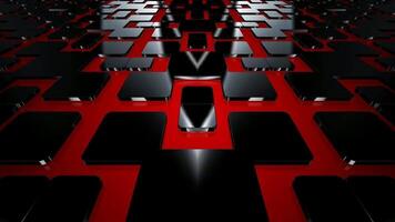 morbido rotante movimento attraverso astratto nero poligonale superficie su rosso sfondo, unico elite modello migliorata di caldo splendore e riflessivo profondità elementi video