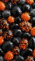 glansig svart och orange sfärer med prickad mönster packade i en djärv dekorativ sammansättning, animering tillverkad av flytande kuber video