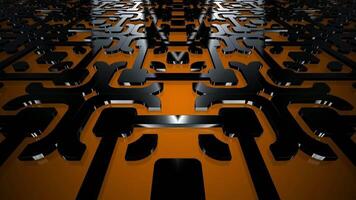 rotazionale movimento sopra astratto nero poligono le forme su luminosa arancia sfondo, unico elegante modello design con futuristico struttura e caldo splendore video