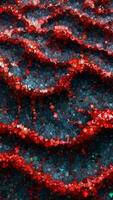 rood golfachtig ruggen met elkaar verweven met ader structuren Aan een gespikkeld donker achtergrond in een microscopisch abstract landschap, animatie gemaakt van drijvend kubussen video