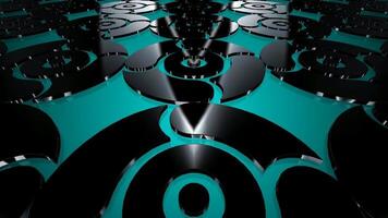 progresivo movimiento terminado resumen negro cuadrícula formas en Oceano azul fondo, prima elegante modelo con oscuro resplandor y sofisticado profundidad campo video