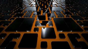 slät sopa tvärs över abstrakt svart geometrisk landskap på orange bakgrund, premie elit mönster med mjuk lutning belysning och lyxig digital rörelse video