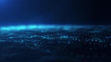 fluente turchese raggiante digitale onda superficie fatto di piccolo leggero puntini si sposta dolcemente, la creazione di futuristico movimento e profondità nel buio. video