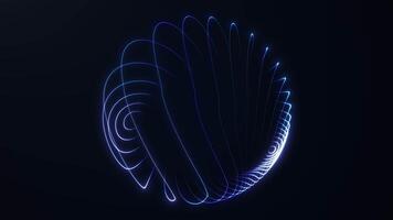 Abstract glowing blue sphere made of smooth light strings and fibers. Elegant futuristic shape with flowing wave motion on dark background. 4K seamless loop animation. video