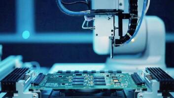 câmera lenta fechar-se do uma seis eixos robótico braço colocação uma microchip para uma o circuito borda com precisão debaixo legal azul claro. video