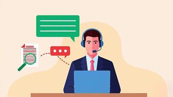 Animé illustration de client soutien agent avec casque travail sur ordinateur portable, entouré par bavarder bulles, les documents et engrenages. concept de communication, un service et technique soutien video