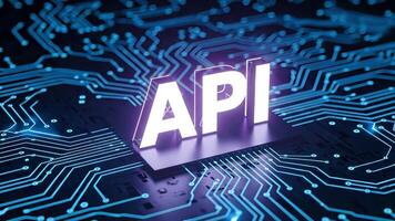Glowing API text on digital circuit board background symbolizing software integration. Concept of programming, technology, innovation and data connection video