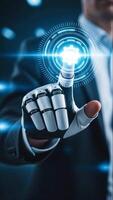 uomo d'affari con robotica mano toccante futuristico digitale Ingranaggio icona interfaccia. concetto di artificiale intelligenza, automazione, robotica e tecnologia innovazione video