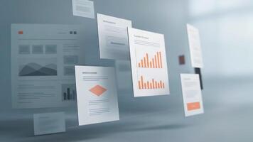 animação do multimídia arquivos e o negócio documentos flutuando dentro circular movimento interface. conceito do dados visualização, digital em formação e moderno tecnologia video