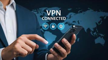 Businessman using smartphone with VPN connected interface and security icons on world map background. Concept of online privacy, cybersecurity and global internet protection video
