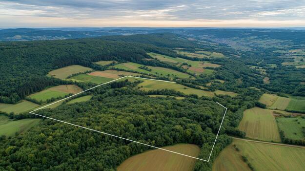 aéreo ver de un lozano, boscoso zona bordeado por tierras de cultivo, exhibiendo naturaleza y tierra utilizar planificación foto
