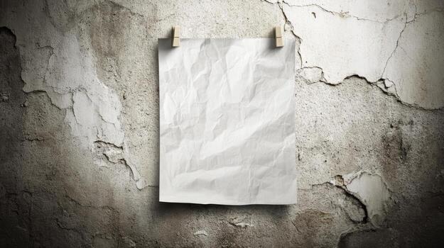 Crumpled White Paper Sheet Mockup Hanging on a Textured Wall, Providing Space for Your Text or Image photo