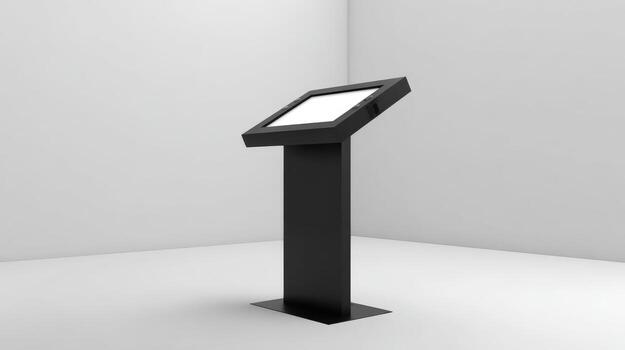 Interactive Information Kiosk with Blank Screen Display Isolated in a Minimalist White Corner Room photo