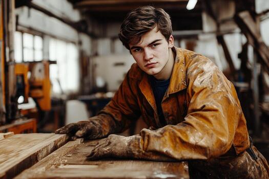 A young man is working on a wooden table photo