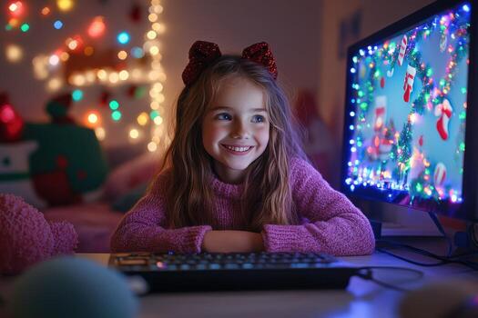 A young girl is smiling while playing a computer game photo