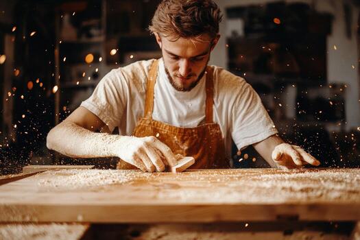 A man is working on a wooden table with a saw photo