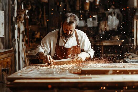 A man is working on a wooden table with sparks flying photo