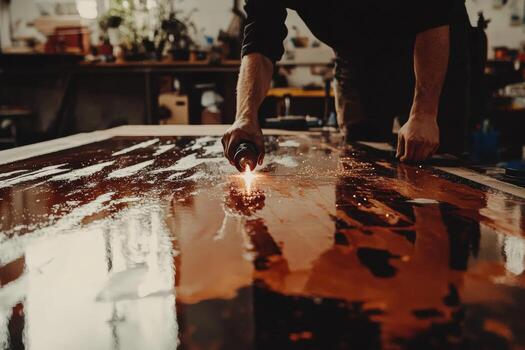 A man is welding a piece of wood with a torch photo