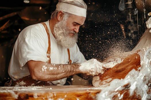 A man with beard and hat is making a piece of wood photo