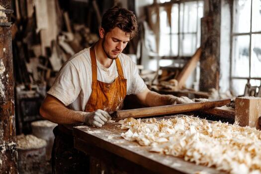 A man working in a woodworking shop photo