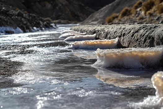 Ice blocks on the side of a river photo