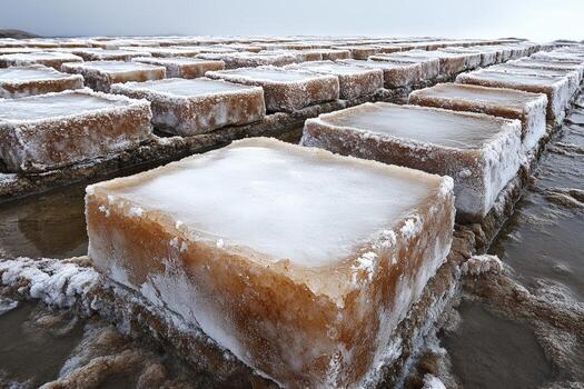 Salt blocks are stacked in a field of ice photo