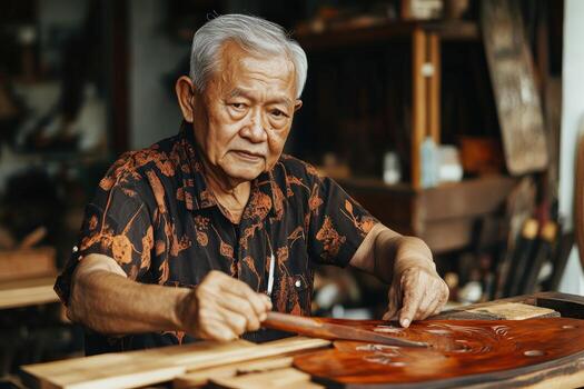 An old man is working on a wooden object photo