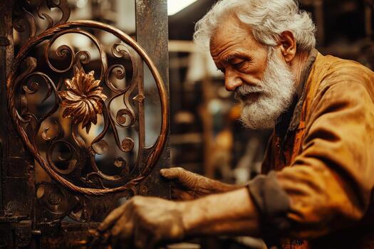 An old man working on a metal object photo