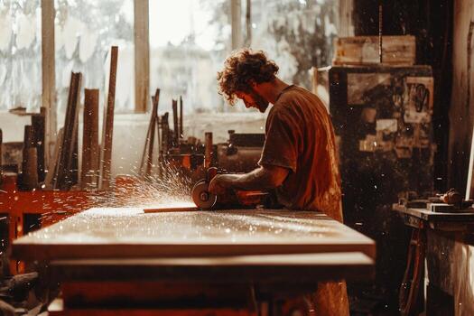 A man is working on a table in a wood shop photo