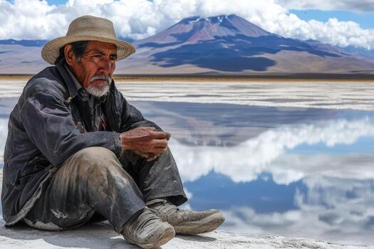 A man sitting on the ground with a hat and a mountain in the background photo