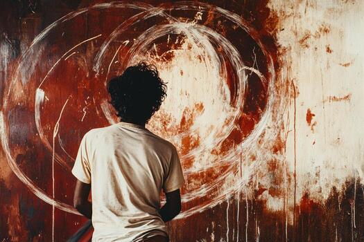 A man standing in front of a painting with a red background photo