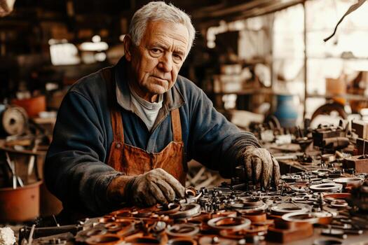 An older man working on a machine in a factory photo