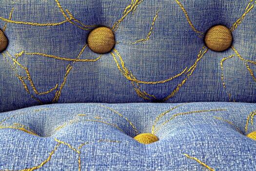 A close up of a blue couch with yellow buttons photo