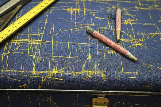 A pair of pencils and a ruler on a blue suitcase photo