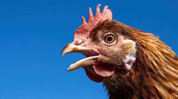 Close up of a chicken with open beak against a clear blue sky background photo