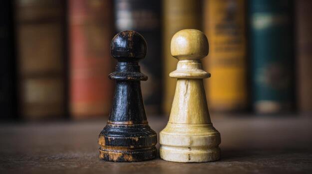 Chess pawns against a blurred background of old books symbolizing strategy photo