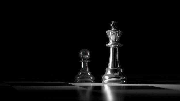 Chess king and pawn on board in dramatic lighting concept photo