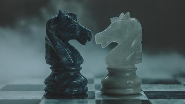 Chess knights face off symbolic representation on checkered board photo