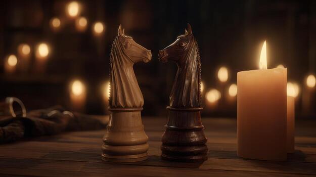 Chess knights face to face with candlelight in dark setting photo