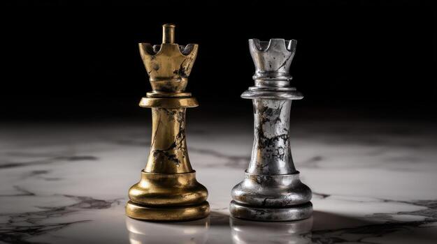 Chess pieces king and rook on marble surface against dark background photo