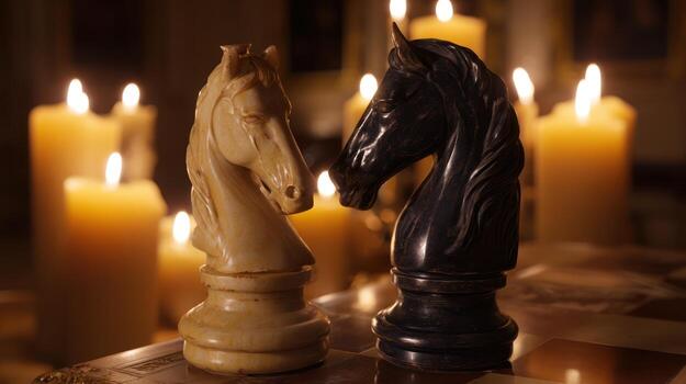 ajedrez Caballero cifras iluminado por luz de una vela con borroso antecedentes foto