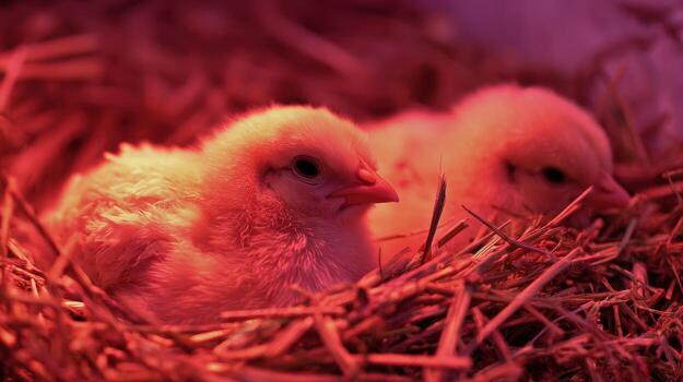 Two fluffy chicks in nesting material under warm red light photo