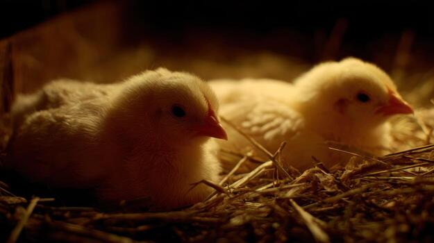 dos mullido amarillo polluelos descansando en Paja nido debajo calentar Encendiendo foto