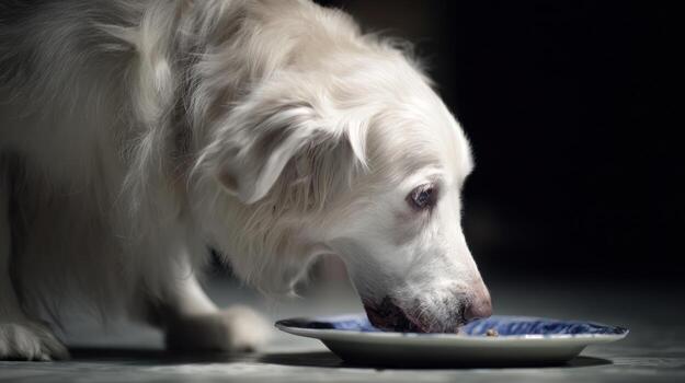 White dog eating from a plate in a dark setting with dramatic lighting photo