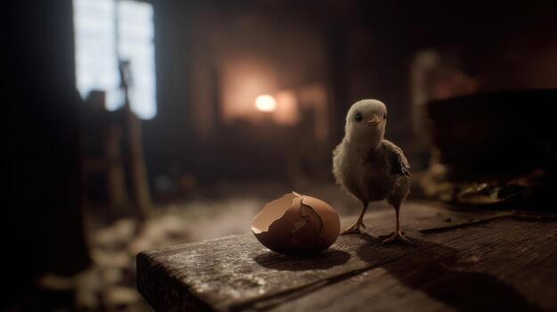 cerca arriba de un recién nacido polluelo en pie junto a un huevo cáscara adentro foto