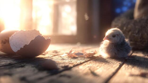 recién nacido polluelo con roto cáscara de huevo bañado en calentar luz de sol foto