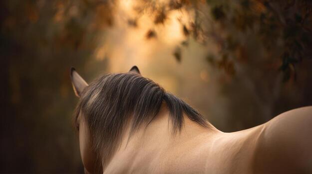 Horse in natural environment with sunlight and blurry background photo