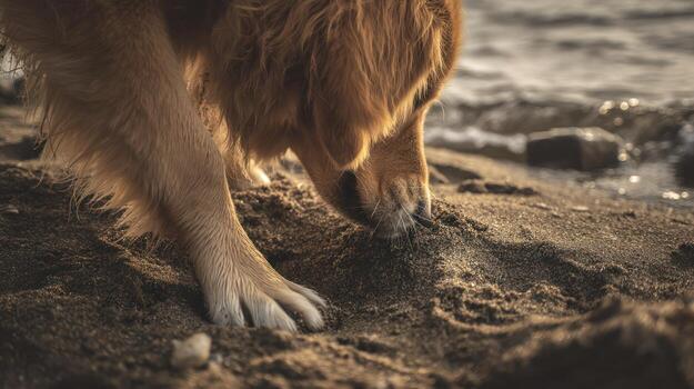 Golden retriever digging in sand on beach with warm sunlight photo